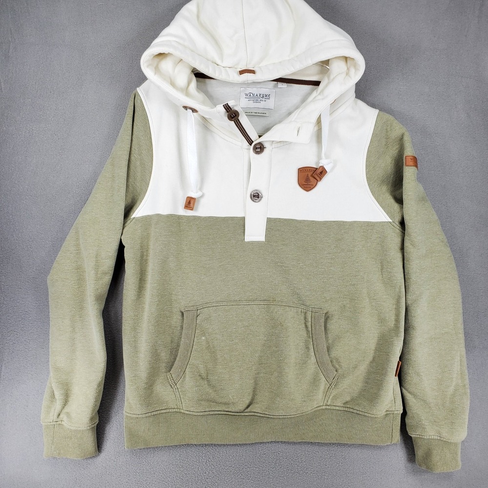 Wanakome Green‎ White Men's Large Hoodie Leather Accents Colorblock Henley